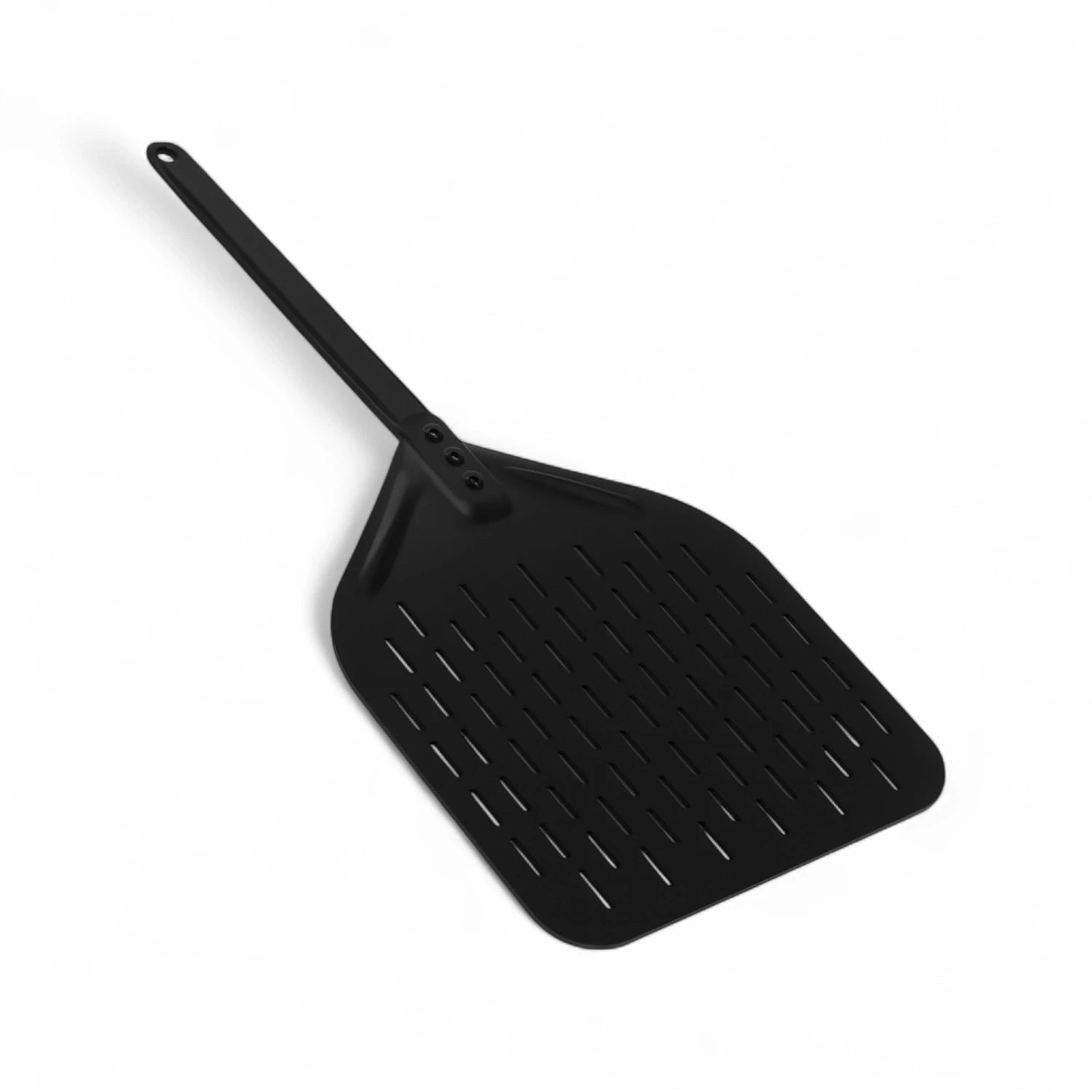 Black perforated aluminium pizza peel with detachable handle – 30 cm