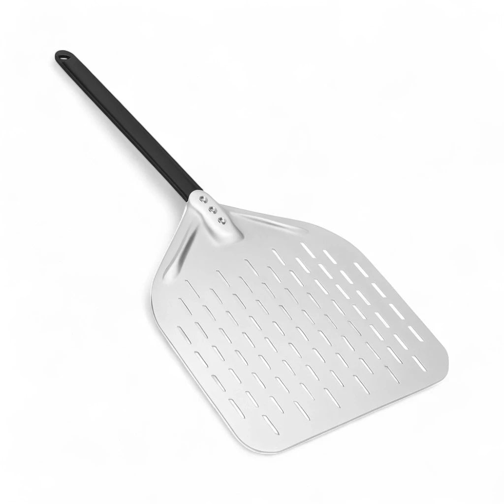 Perforated 33 cm aluminium pizza peel with black detachable handle