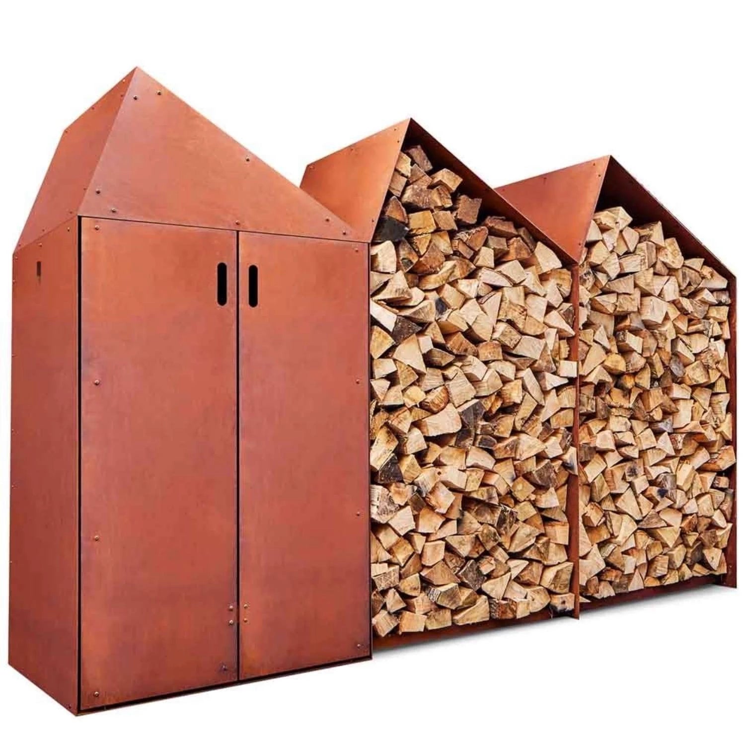 Sheddak 3 Houses with Cabinet Log Storage, a versatile and durable storage solution for firewood and more in outdoor spaces like