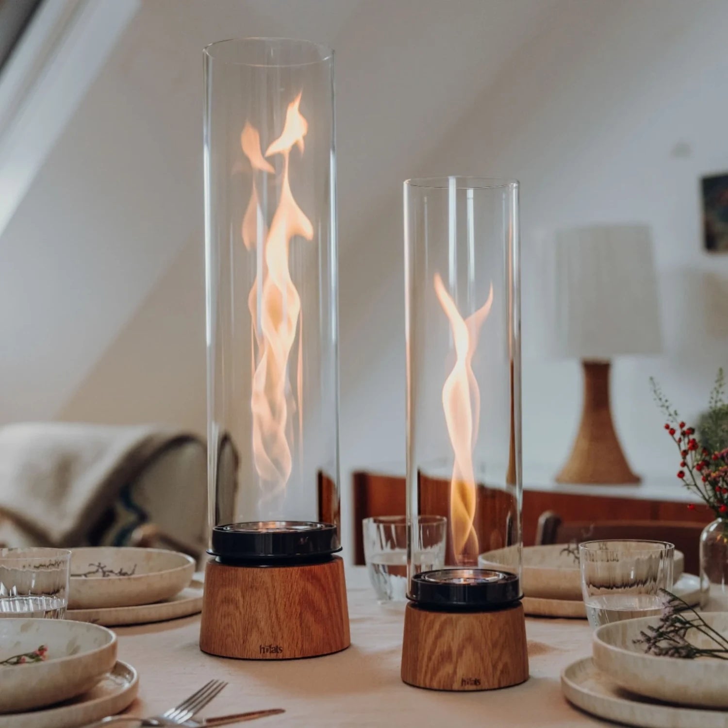 Höfats SPIN Air 900 Oak Wood Table Fireplace with Tall Cylindrical Glass