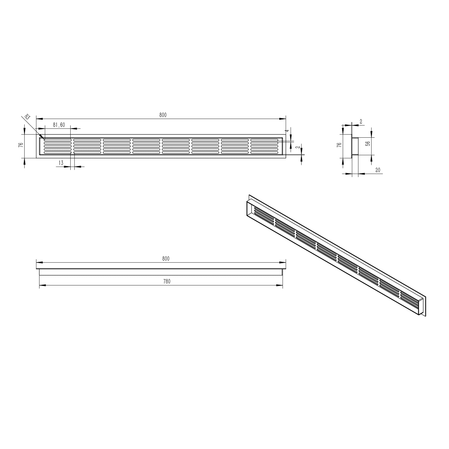 Ventilation Grille White - 80x7.6 cm with a ventilation area of 210 cm²