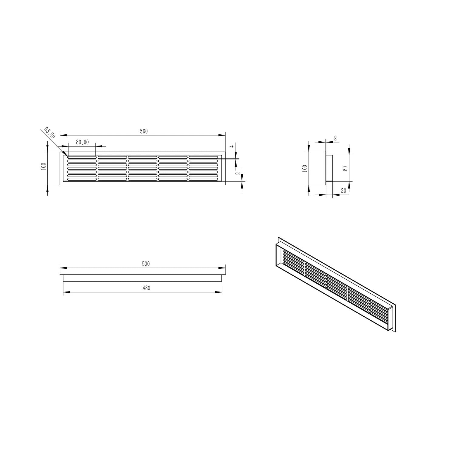 Grelha de Ventilação Preta - 50x10 cm - 214 cm²