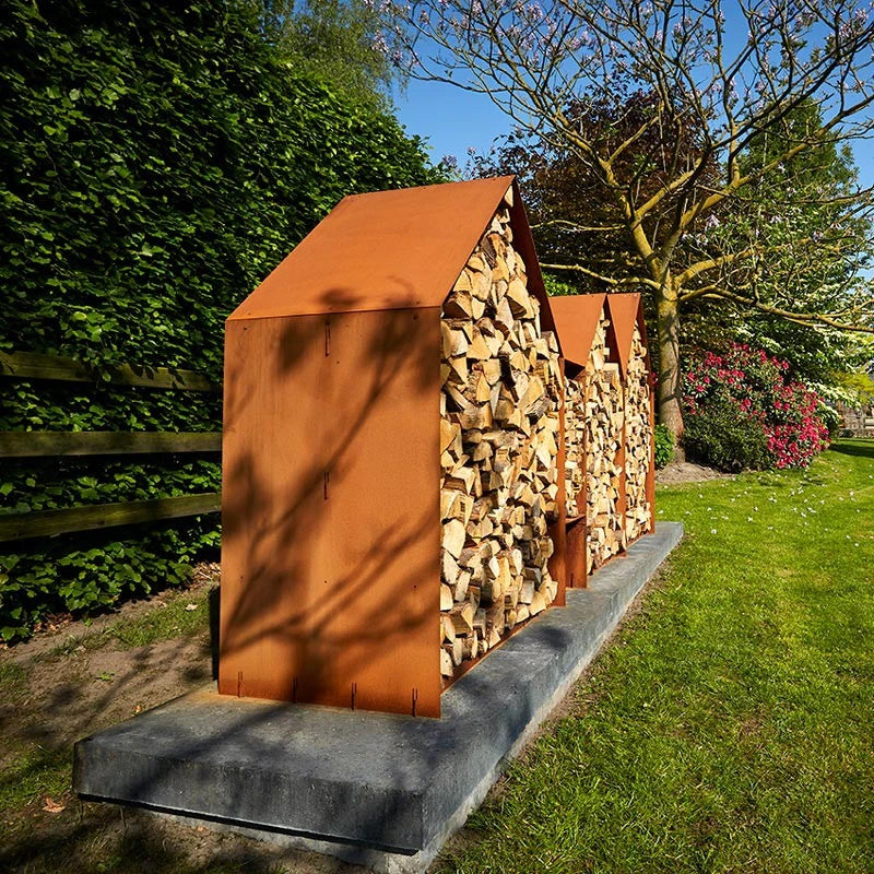 Storage rack for firewood in rusted steel