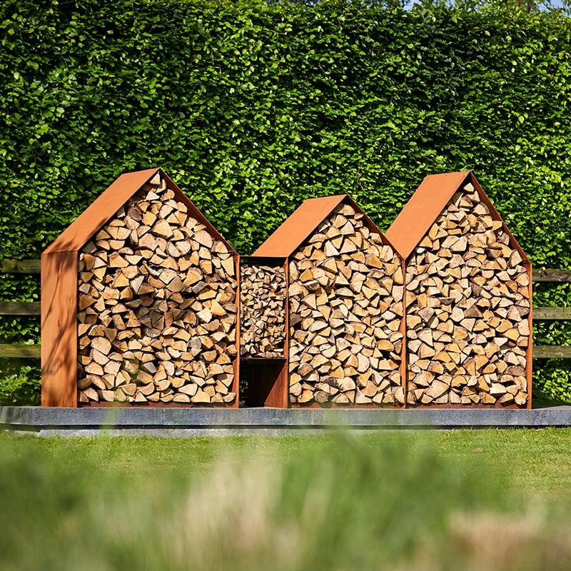 Storage rack for firewood in rusted steel